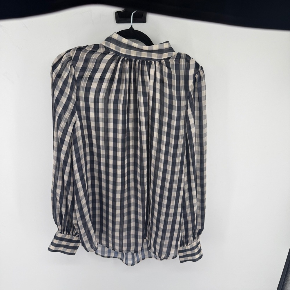 H&M Gingham Blouse Womens Medium Black White Sheer High Neck Chic Minimalist Top
